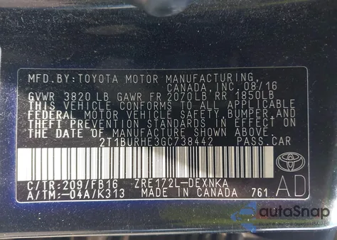 2016 Toyota Corolla Le from USA, damaged, VIN 2T1BURHE3GC738442